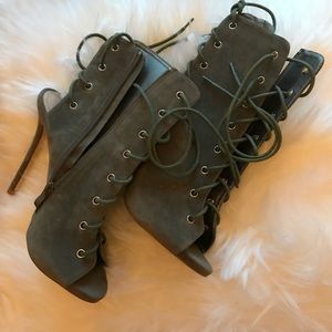 Suede open toed lace up boot heels